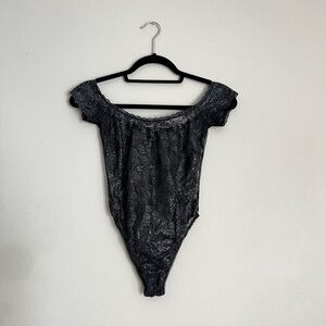 Victoria’s Secret sheer metallic Black Lace Off-Shoulder Bodysuit sexy‎ lingerie